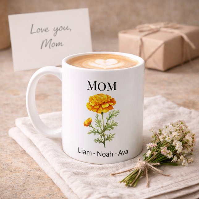 Mamma oktober födelsblomma med barnens namn kaffemugg (Skapare uppladdad)