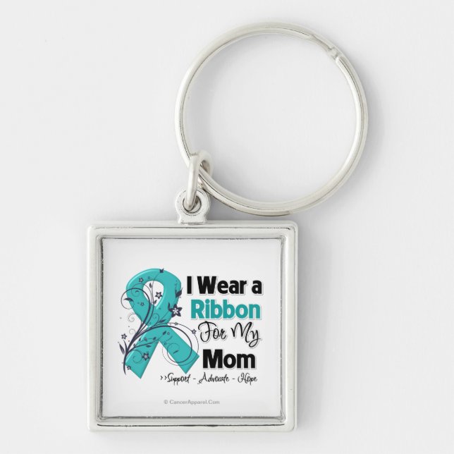 Mamma - Ovarian Cancer Ribbon Fyrkantig Silverfärgad Nyckelring (Framsidan)