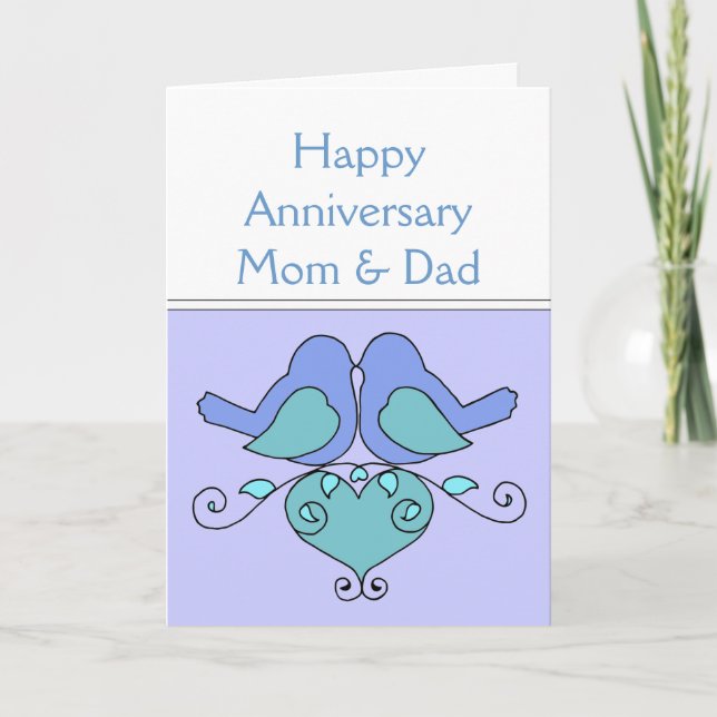 Mamma & Pappa årsdagsfåglar med blomhjärta Kort (Framsida)