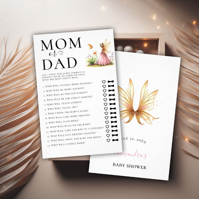 Mamma Pappa gissar vem babbelskuvungen spelar Fair Flygblad (baby shower game mom dad fairy princess enchanted garden watercolor pink gold cute adorable)