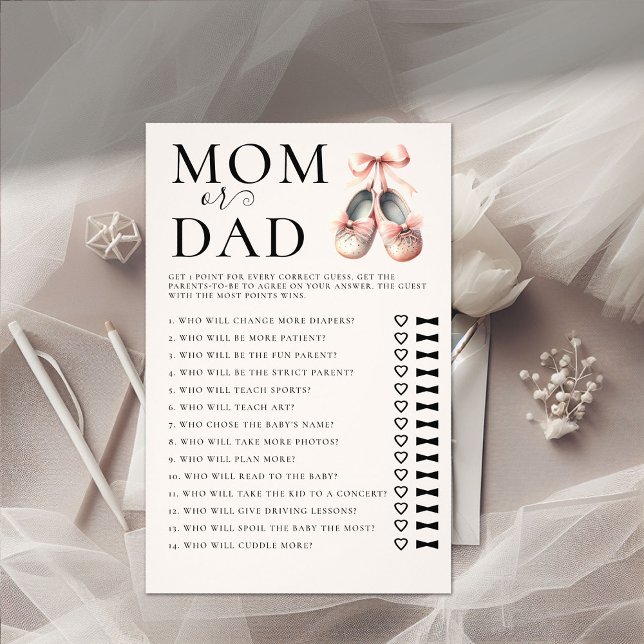 Mamma Pappa gissar vem babyskor som spelar vilt Ba Flygblad (guess who mom or dad girl baby shower game ballerina ballet dancer shoes watercolor cute chic sweet)