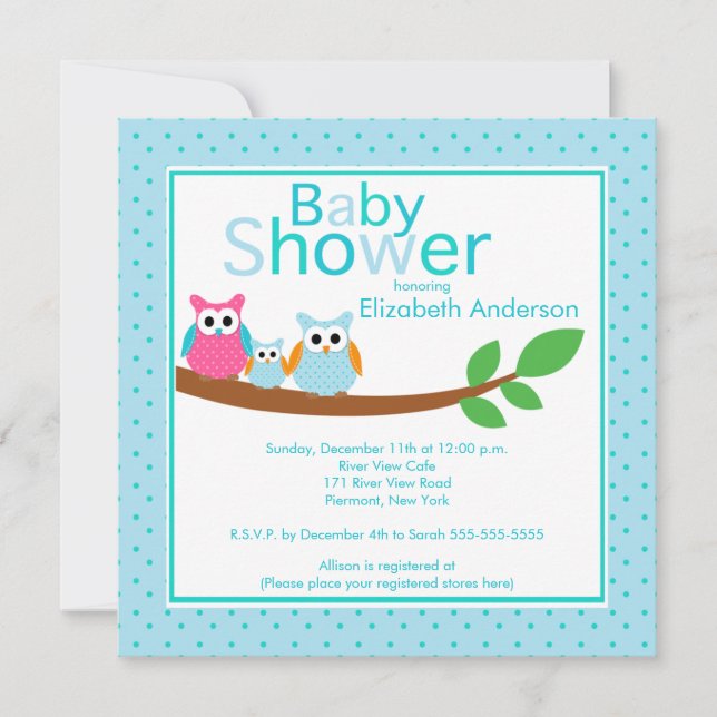 Mamma- & pappaugglor med baby shower för inbjudningar (Framsida)