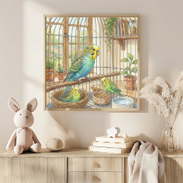 Mamma Parekeet och Kycklingar Plantskola Poster