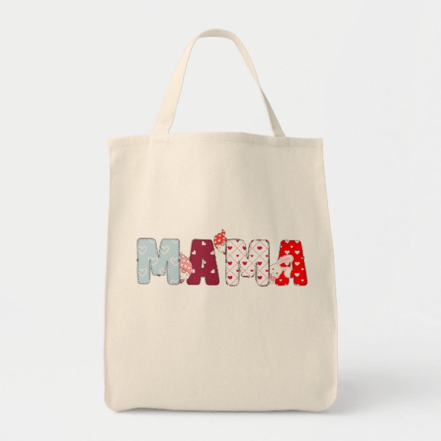 Mamma Patchwork Tote Bag - Cute Heart Brev Design Tygkasse (Framsidan)
