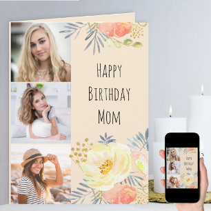 Mamma Peach Feminine Blommigt 3 Fotofödelsedag Kort