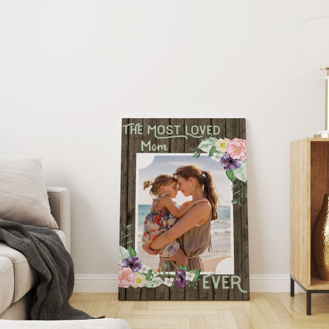 Mamma Photo Hand Lettered Rustic Wood and Blommigt Canvastryck (Skapare uppladdad)