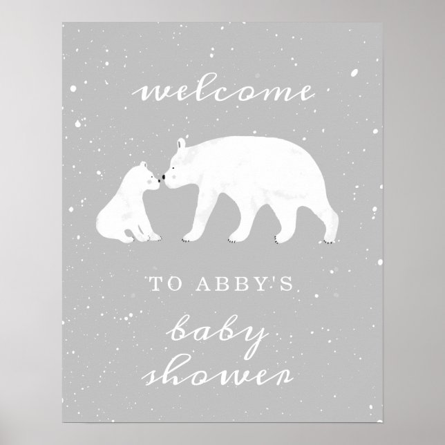 Mamma Polar Bear Grått Snö Baby Shower Välkommen Poster (Framsidan)