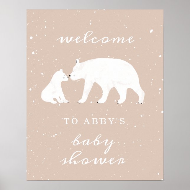 Mamma Polar Bear Rosa Snö Baby Shower Välkommen Poster (Framsidan)
