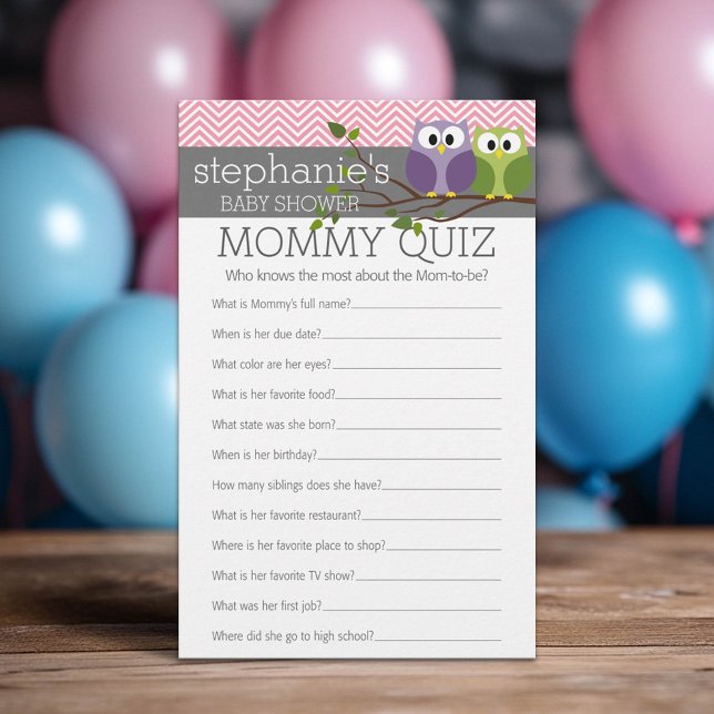 Mamma Quiz Shower Games Rosa Uggla Flicka (Custom Baby Shower Games)