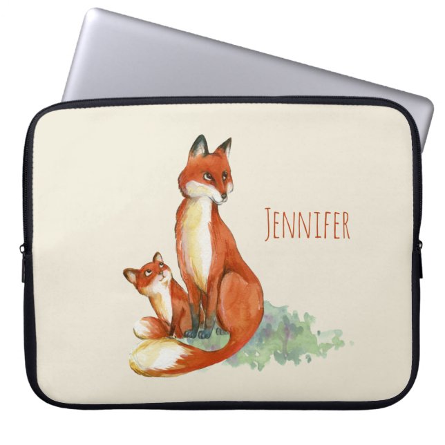 Mamma Räv och Bebis Vattenfärg Illustration Laptop Fodral (Framsidan)