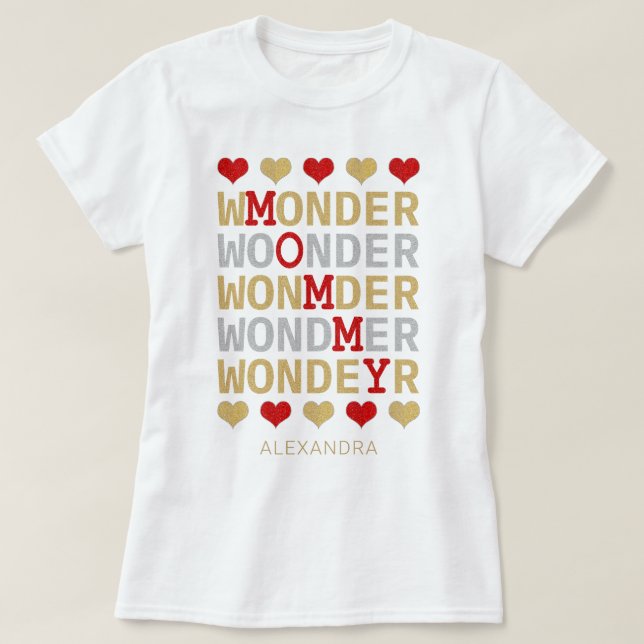  Mamma Röda Guld-Anpassningsbarna i Glitter Namn T Shirt (Design framsida)