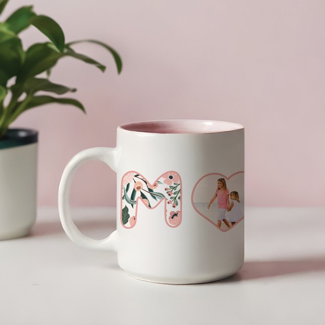Mamma  Rosa Blommigt Bubble Lettering Heart Photo Två-Tonad Mugg (Mom Blush Pink Floral Bubble Lettering Heart Photo Two-Tone Coffee Mug)