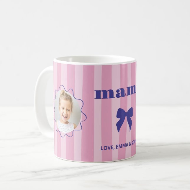 Mamma | Rosa ränder med foton och coquettebåge Kaffemugg (Framsida vänster)