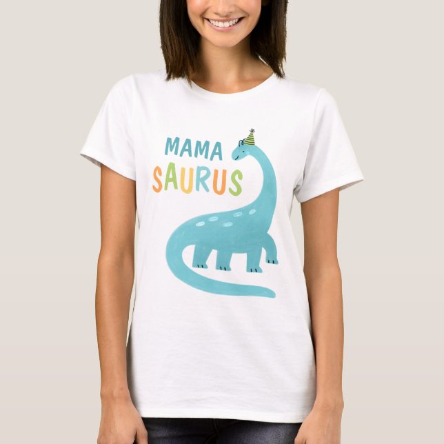 Mamma Saurus Mamma vid födelsedagspojken Dinosaur T Shirt (Framsida)