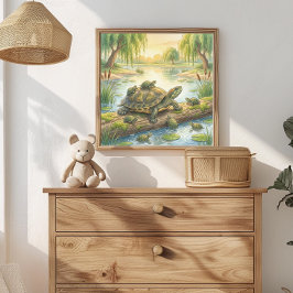 Mamma Sköldpadda och Ungar i Damm Nursery Poster