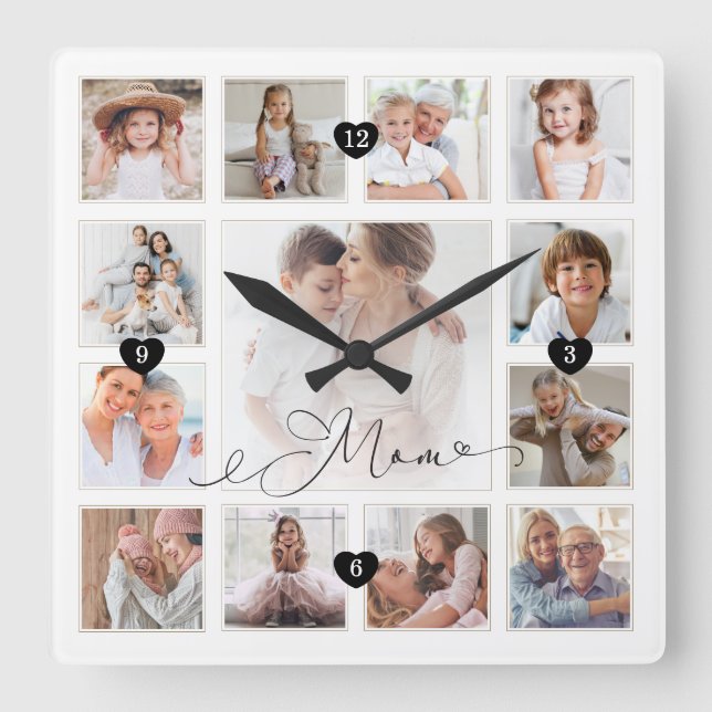 Mamma-skriptfamiljens minne Fotorutnät - kollage Fyrkantig Klocka (Framsida)