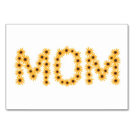 MAMMA, skrivet med solblommor, med blomsterkort Bordsnummer