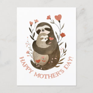 Mamma Sloth & Baby Watercolor Lycklig Mors dag Vykort