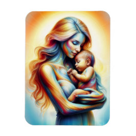 Mamma som håller baby i ljusmatta omfamning konst magnet