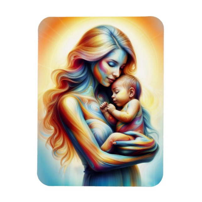 Mamma som håller baby i ljusmatta omfamning konst magnet (Vertikal)