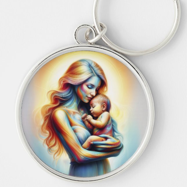 Mamma som håller baby i ljusmatta omfamning konst rund silverfärgad nyckelring (Framsidan)
