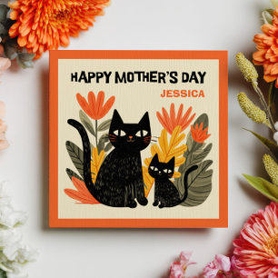 Mamma Svart Katt & Kittel Blommig Glad mors dag Anteckningskort