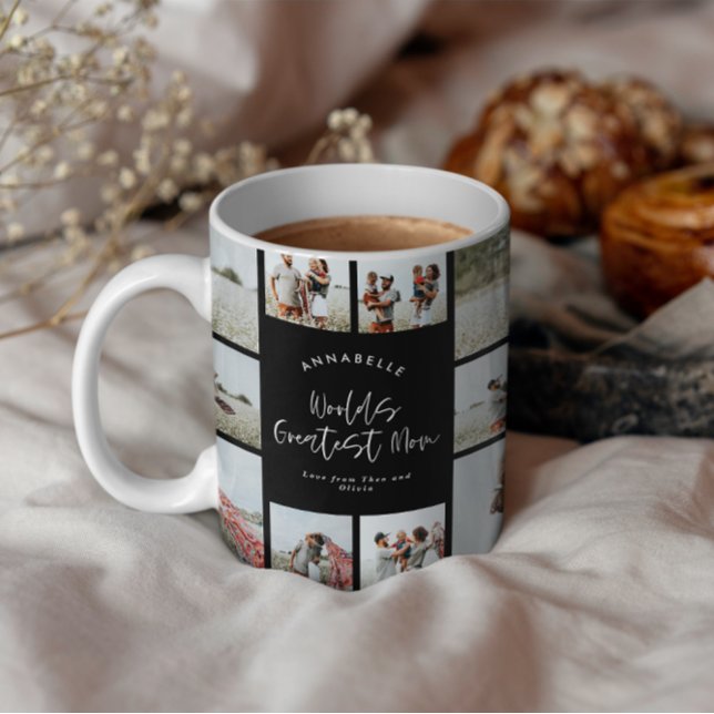 Mamma svarta elegant modern minimal fotokollage mugg (Skapare uppladdad)