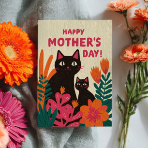 Mamma Svarta Katt & Kittel Blommig Glad mors dag Kort