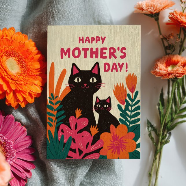 Mamma Svarta Katt & Kittel Blommig Glad mors dag Kort (Skapare uppladdad)
