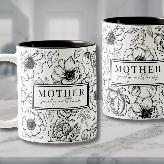 Mamma Svartvit Blommigt Mor Två-Tonad Mugg (Modern Black White Floral Two-Tone Coffee Mug)
