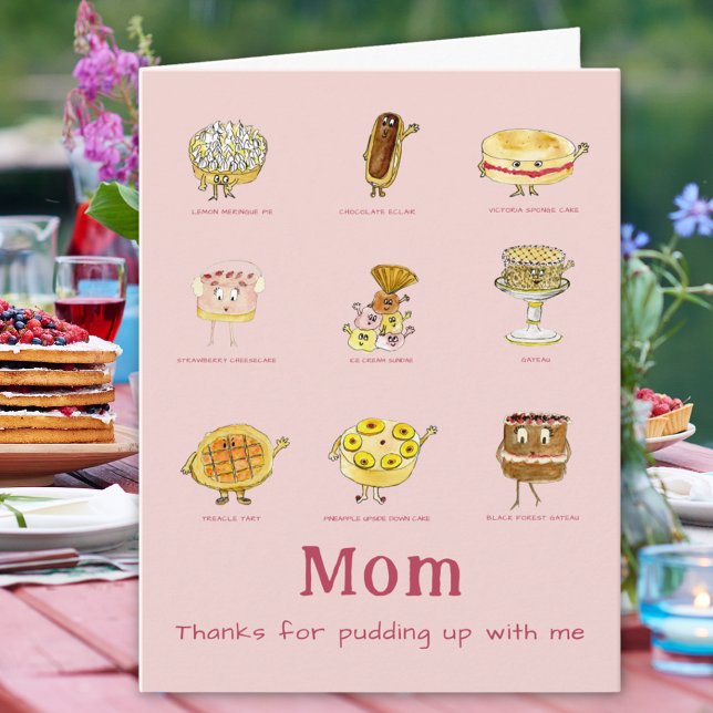 Mamma tack för rolig mors dagscitat kort (Thanks for pudding up with me funny Cake quote joke happy mothers day card)