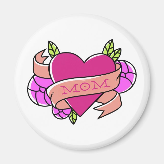 Mamma Tattoo Art Flowers Rosa Heart Kärlek Roligt Magnet (Framsidan)