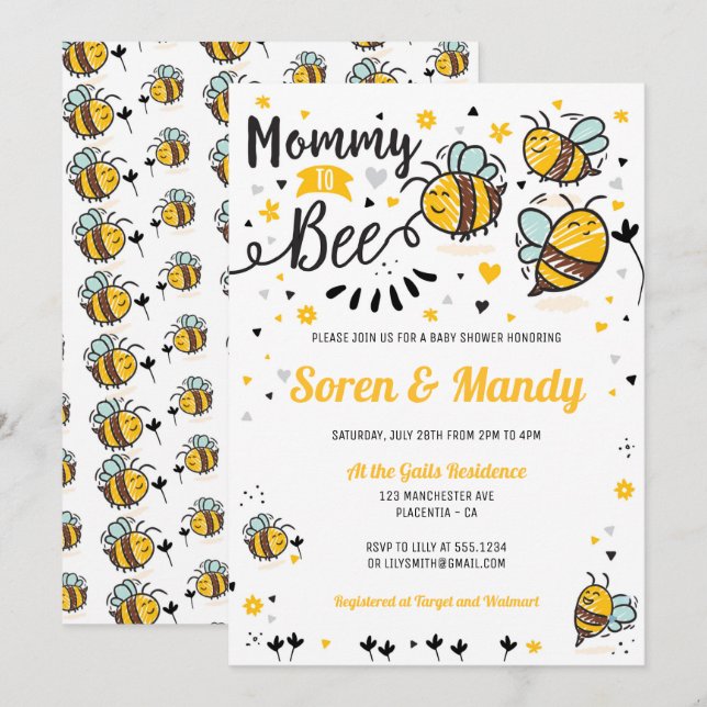 Mamma till Bee Baby Shower Inbjudningar (Fram/baksida)