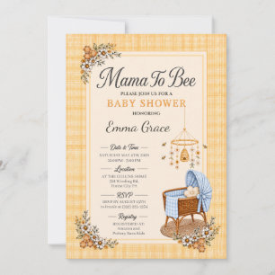 Mamma till Bee Baby Shower med blå rutig vagga Inbjudningar