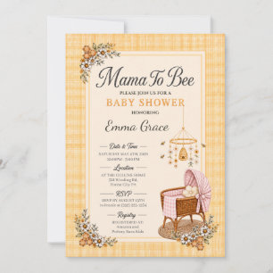 Mamma till Bee Baby Shower med blå rutig vagga Inbjudningar