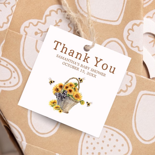 Mamma till Bee Baby Shower Square Gåvor Etiketter (Mommy to Bee Sunflower Baby Shower Favor Tags)
