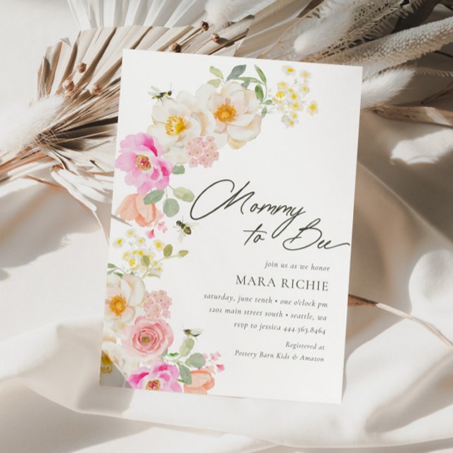 Mamma till Bee | Blommigt Vattenfärgsbabyskor Inbjudningar (Skapare uppladdad)