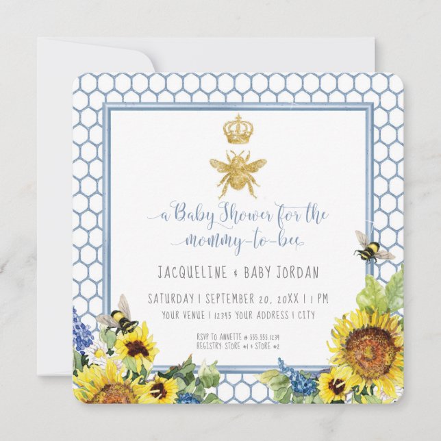 Mamma till Bee Bumblebee Solros Guld QR-koden Baby Inbjudningar (Framsida)