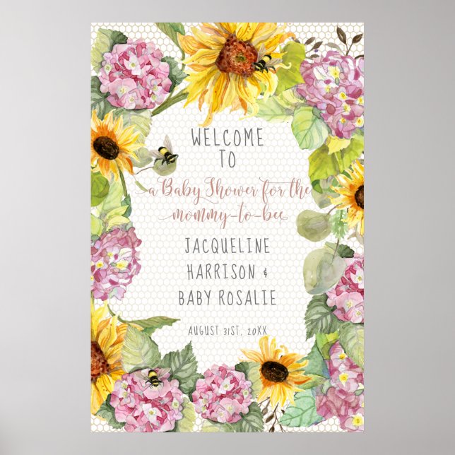 Mamma till Bee Bumblebee Solros Rosa Hydrangeas Poster (Framsidan)