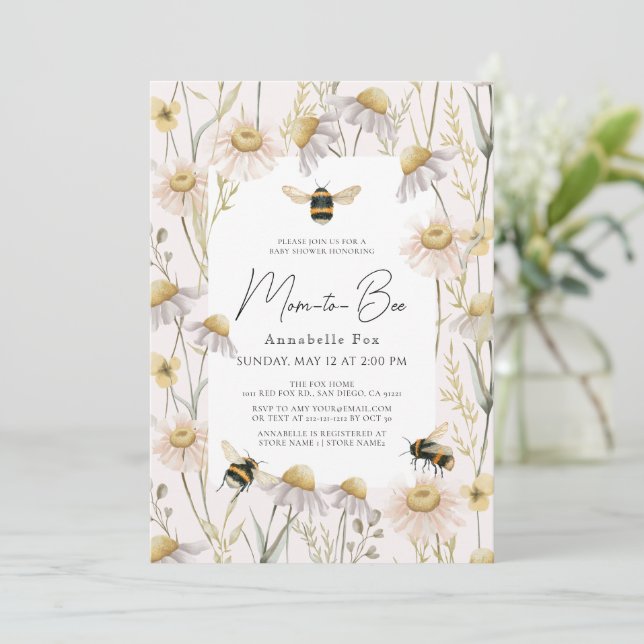 Mamma till Bee Chamomile & Daisy Rosa Baby Shower Inbjudningar (Stående Fram)