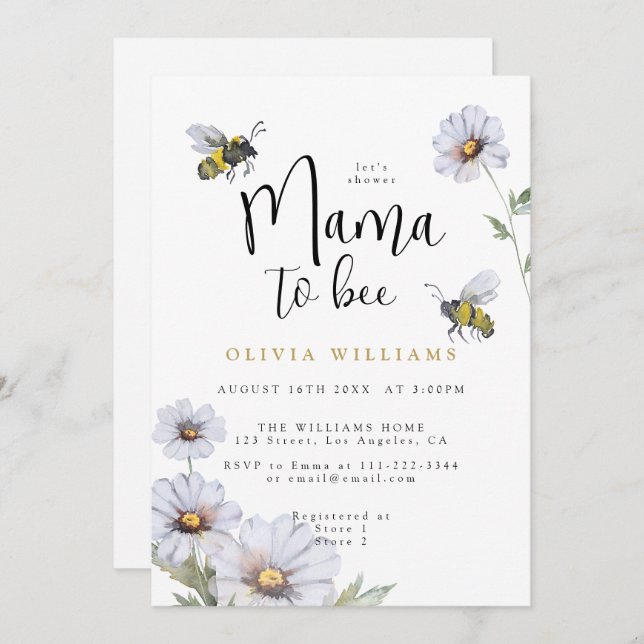 Mamma till Bee Daisys Wildblomma Baby Shower Inbjudningar (Fram/baksida)