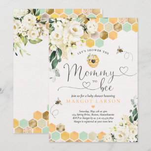 Mamma till Bee Greenery White Blommigt Bee Baby Sh Inbjudningar