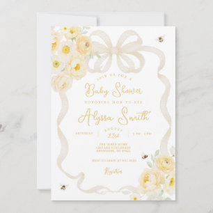 Mamma till Bee gula ränder och blommig baby shower Inbjudningar