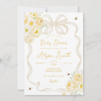 Mamma till Bee gula ränder och blommig baby shower Inbjudningar