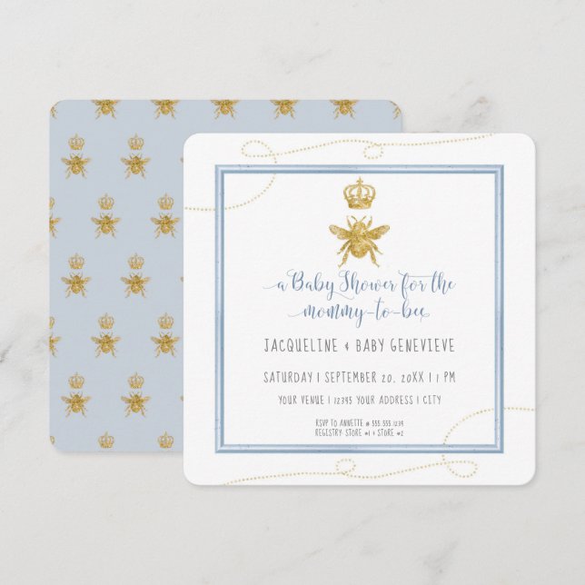 Mamma till Bee Guld Glitter Blue Boy Shower Inbjudningar (Fram/baksida)