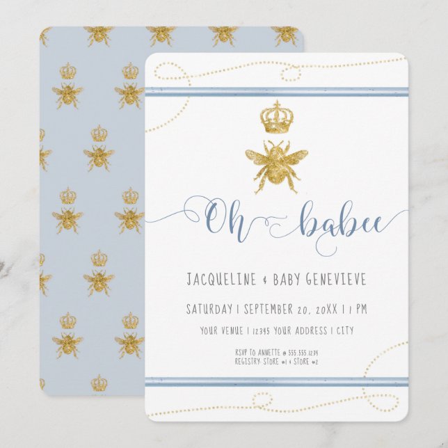 Mamma till Bee Guld Glitter Blue Boy Shower Inbjudningar (Fram/baksida)