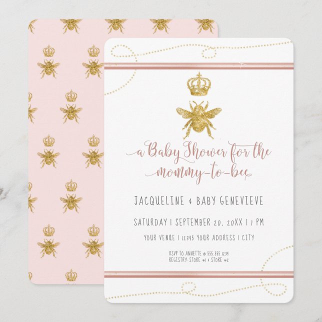 Mamma till Bee Guld Rosa Girl Baby Shower Inbjudningar (Fram/baksida)