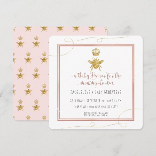 Mamma till Bee Guld Rosa Girl Girl Baby Inbjudningar (Fram/baksida)