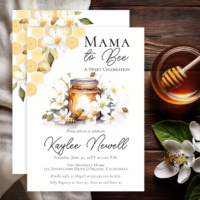 Mamma till Bee Honey Bee Baby Shower Inbjudningar (Elegant mama to bee baby shower with honey jar, florals, and soft gold accents)