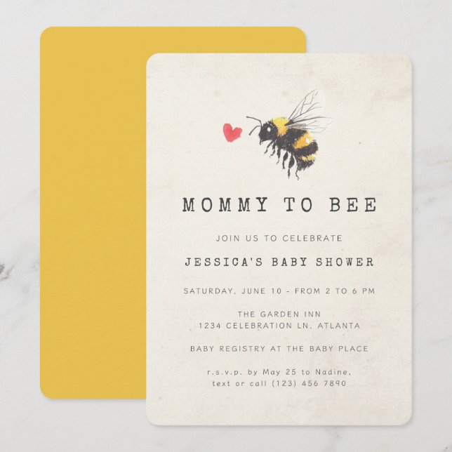 Mamma till Bee Honung Heart Gult Baby Shower Inbjudningar (Fram/baksida)